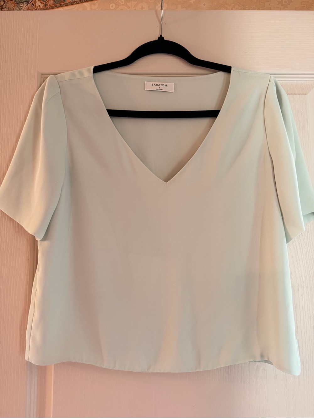 Aritzia Babaton Mint Green V-Neck Short Sleeve Blouse